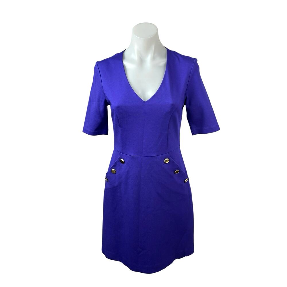 Trina Turk Women's Blue Short Sleeve V Neck Pocket Beaded A Line Mini Dress Sz M